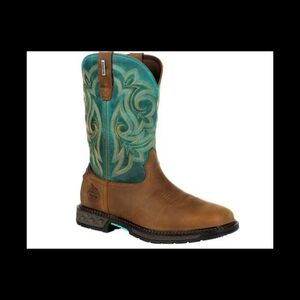 Georgia Boot Brown Leather Work Boot with Teal Embroidered Shaft
